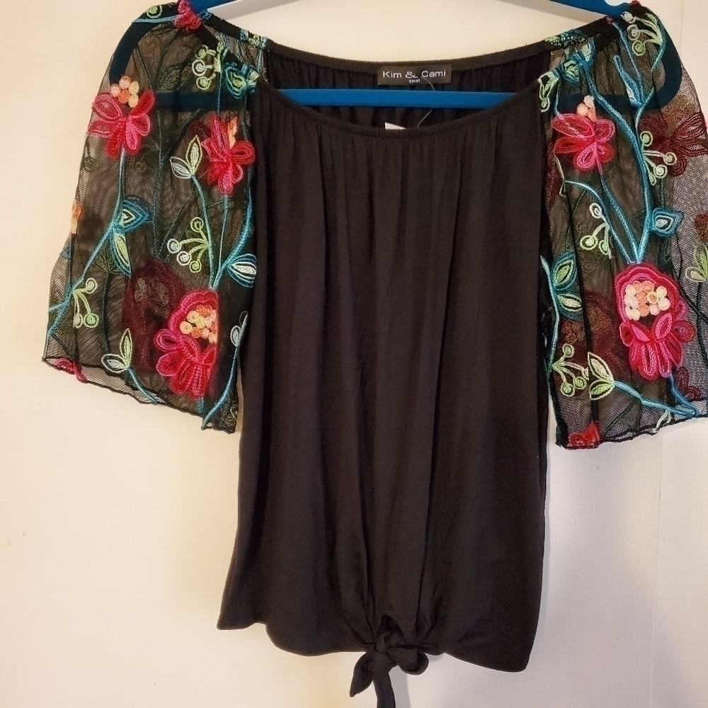Kim and Cami Embroidered Sleeve Top NWT